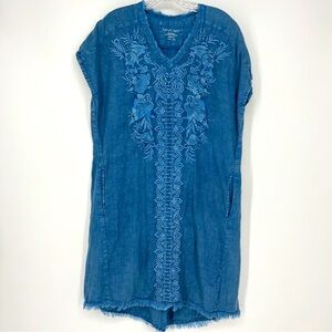 Karyn Seo Dress Linen Embroidered Chambray Pockets Medium Blue Fringe Floral